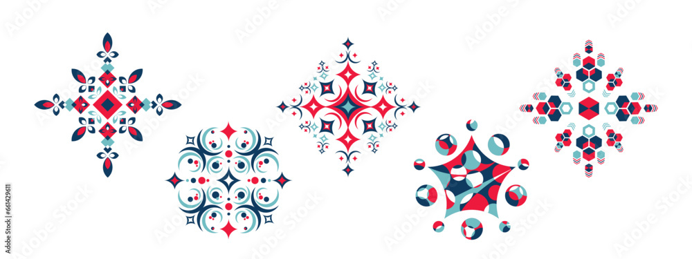 A set of abstract multicolored snowflakes with a geometric pattern.A Christmas symbol. Vector illustration.