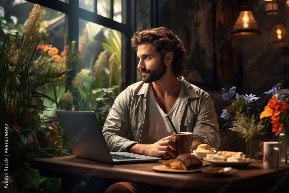 Digital Nomad Working in Cafe Created with Generative AI Digital Nomad Working in Cafe Created with Generative AI