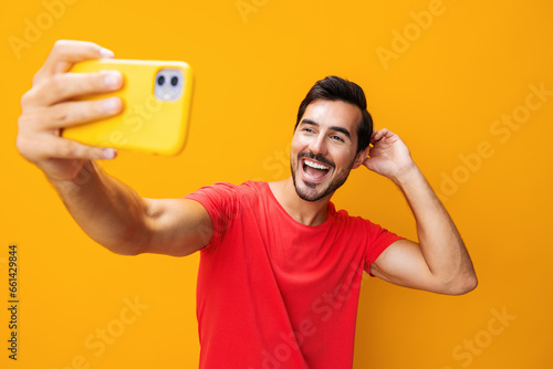 Cyberspace man copy portrait smiling phone communication space smartphone