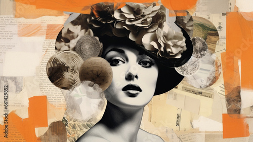 Pop art collage 1960s with beautiful abstract woman. Fashionable design with colorful background. Surreal Abstract Geometry. female lips and thoughts. Abstract collage.