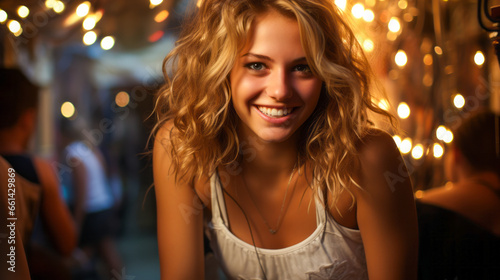 Blonde teenager twirling under cabaret lights in summer attire.