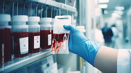 Doctor's hand holding a blood bag in a blood bag analysis laboratory in a hospital blood bank.