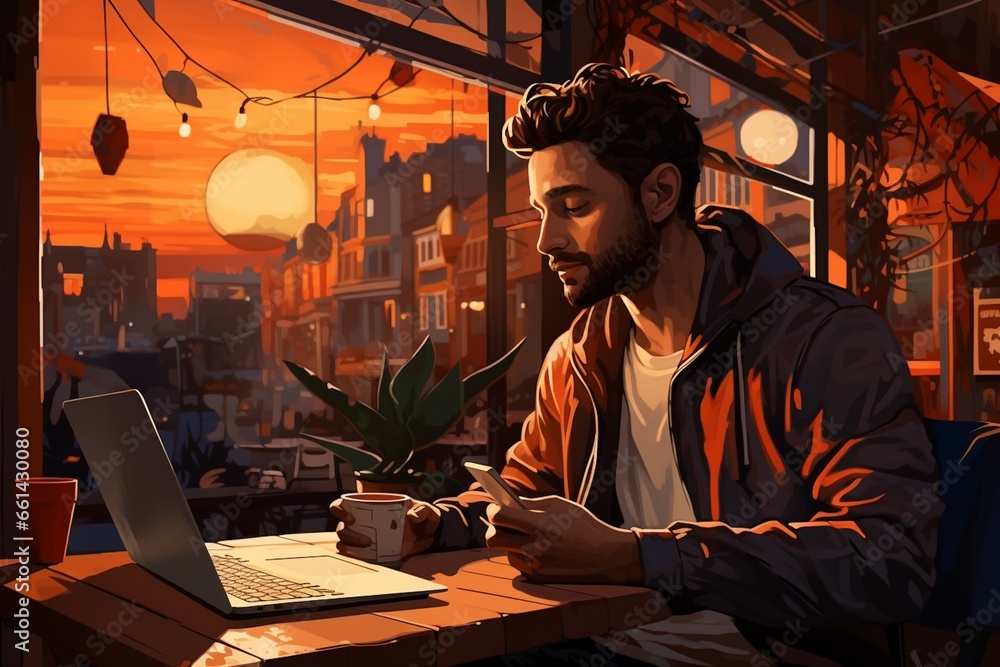 Digital Nomad Working in Cafe Created with Generative AI Digital Nomad Working in Cafe Created with Generative AI
