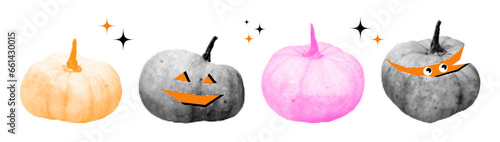 Pumpkins halftone collage elements set. Halloween grunge clip art, modern retro cutout shapes, funny Thanksgiving day symbol. Vector illustration isolated on transparent background