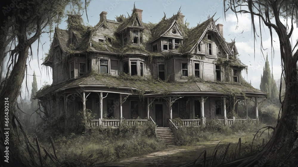  abandoned horror house, overgrown garden filled with twisted, thorny plants