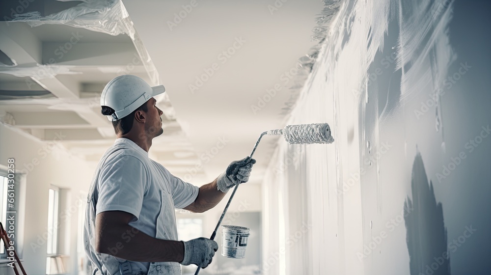 Engineer, construction painter working with paint roller on wall Engineer, construction painter working with paint roller on wall