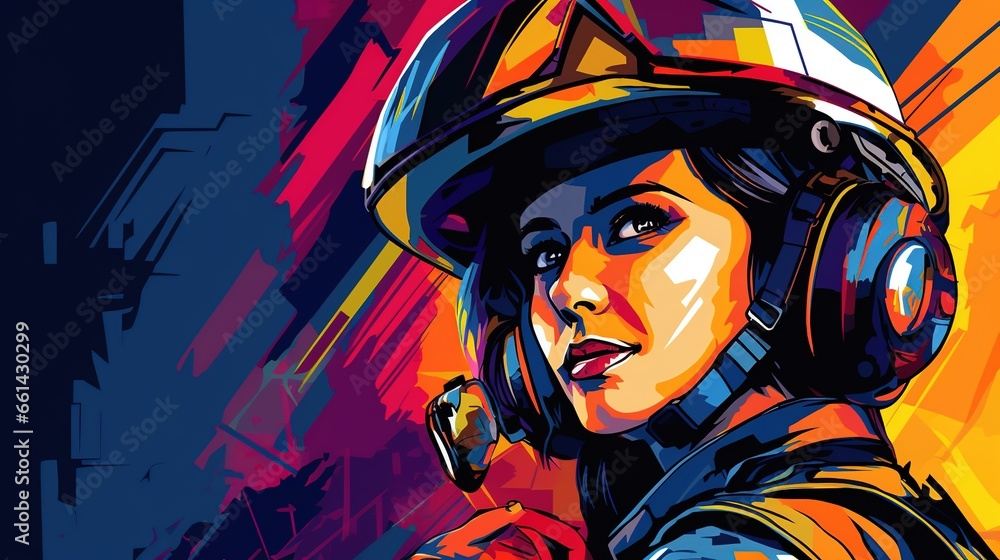 Female engineer reads digital blueprints near construction site vector in illustration, wearing hard plastic helmet, psychedelic colors, in pop art style