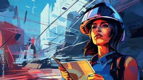 Female engineer reads digital blueprints near construction site vector in illustration, wearing hard plastic helmet, psychedelic colors, in pop art style © Phoophinyo