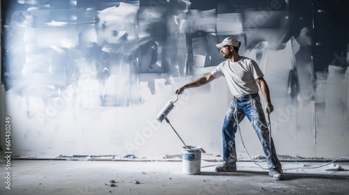 Fototapeta Naklejka Na Ścianę i Meble -  Engineer, construction painter working with paint roller on wall