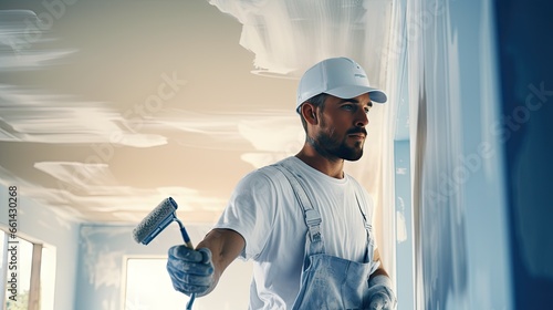Engineer, construction painter working with paint roller on wall photo