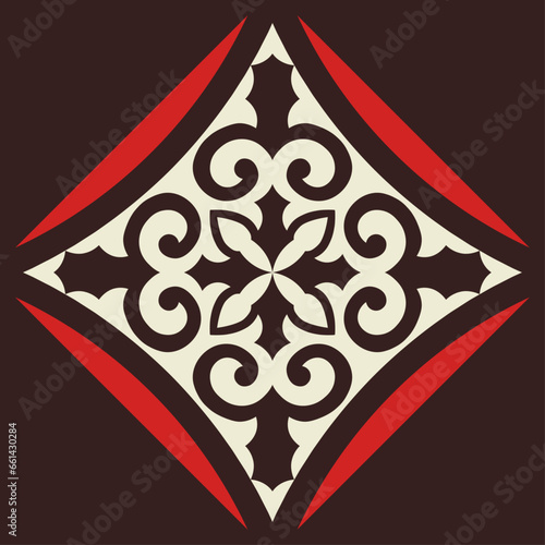 Decorative asian ornamental elements with motifs of Kazakh, Kyrgyz, Asian decor for borders, textile, plate, tile, and print design. Workpiece for your design. Oriental Pattern. 