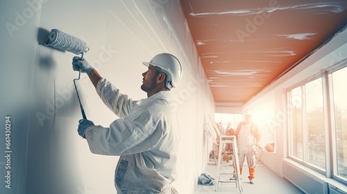 Fototapeta Naklejka Na Ścianę i Meble -  Engineer, construction painter working with paint roller on wall