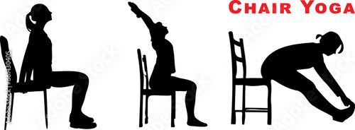 Chair Yoga vector illustration. Featuring three silhouettes performing yoga poses on chairs, it’s perfect for fitness and exercise related designs. health, balance, and flexibility