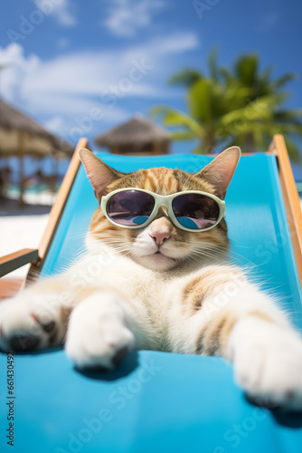 Cat wearing sunglasses relaxing sitting on deckchair in the sea background. summer, vacation on the beach. sunbathe