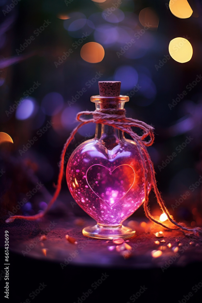 Bottle with love potion. pink magic heart elixir. Design elements for Valentines day. love vial Aphrodisiac flask Bottle with love potion. pink magic heart elixir. Design elements for Valentines day. love vial Aphrodisiac flask