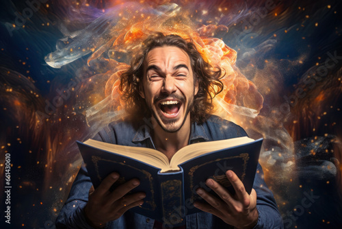 cheerful man, guy reads literature. magic and imagination from learning. is delighted with the training