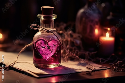 Bottle with love potion. pink magic heart elixir. Design elements for Valentines day. love vial Aphrodisiac flask