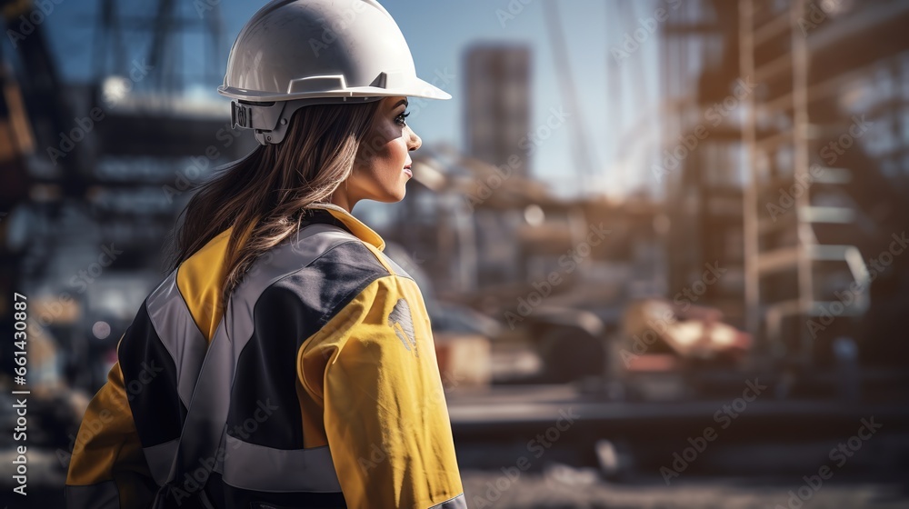A young female worker stand back. A young female worker wearing a protective helmet and safety gear on a construction site A young female worker stand back. A young female worker wearing a protective helmet and safety gear on a construction site