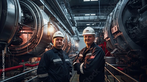 Engineers in uniforms and helmets are behind a small power plant photo