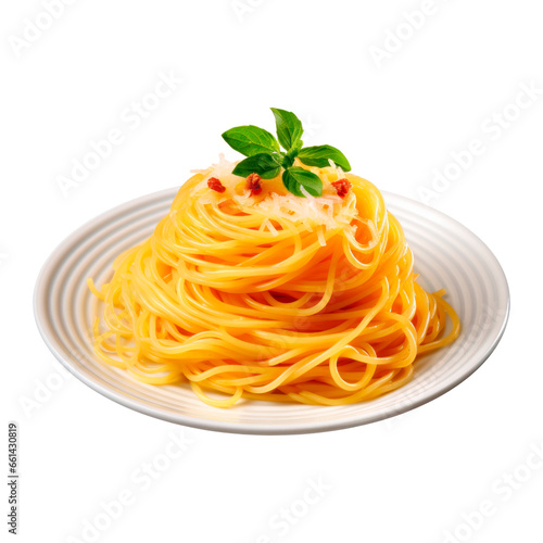 spaghetti with cheese and basil. Isolated on transparent background.