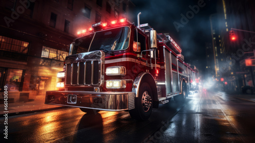 fire truck at night is going through the city with flashing lights