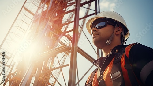 Engineers wear high-end telecom inspection safety equipment to maintain 5G networks.
