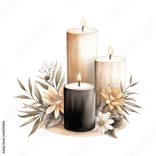 Burning candles with flowers and leaves isolated on a white background