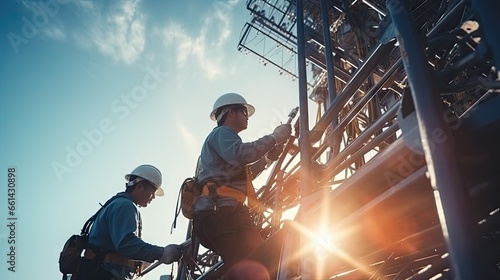 Engineers wear high-end telecom inspection safety equipment to maintain 5G networks. photo