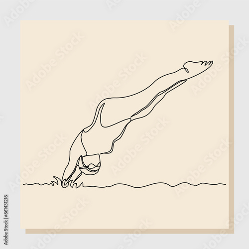 Continuous single line sketch drawing art of swimming athlete woman jumping to start swim competition. Vector illustration one line of healthy sport lifestyle
