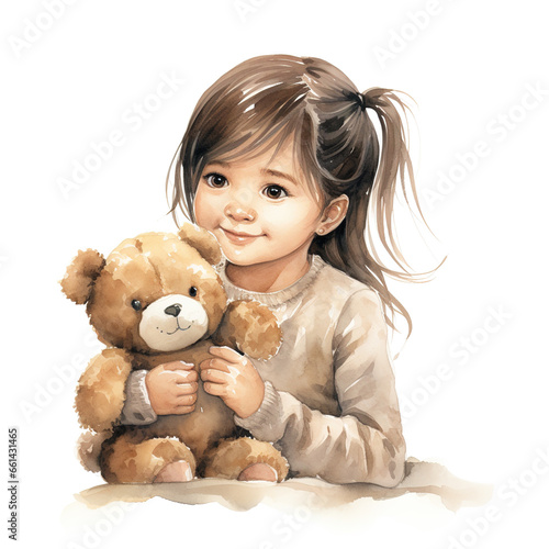 Watercolor illustration of adorable young girl playing with her teddy bear isolated on white background. 