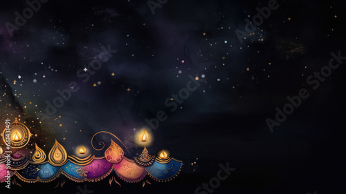 Watercolor Diwali Greeting Card Banner Mockup, Hindu Holiday, Generative AI