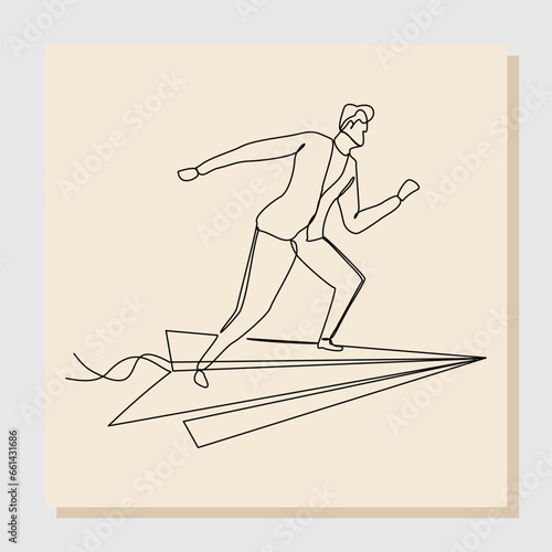 Continuous single line drawing of businessman ride paper plane to reach business achievement growth goal successful. Vector illustration one line sketch art concept