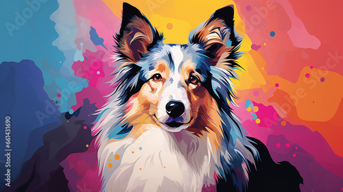 Adorable shetland sheepdog dog in pop art style painting, minimal. 