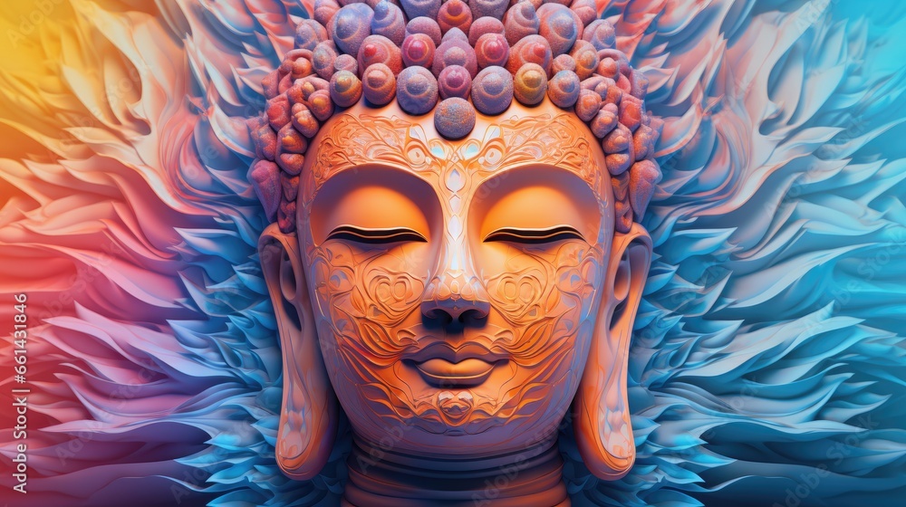 The Buddha's head is full and detailed on a colorful background. digital art collage