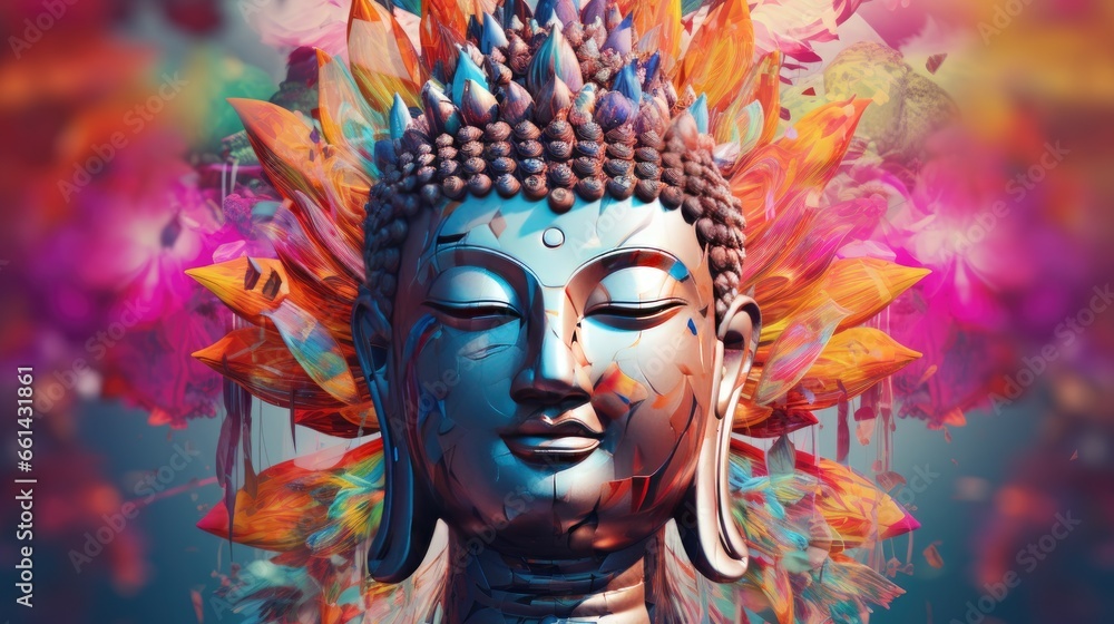 The Buddha's head is full and detailed on a colorful background. digital art collage The Buddha's head is full and detailed on a colorful background. digital art collage