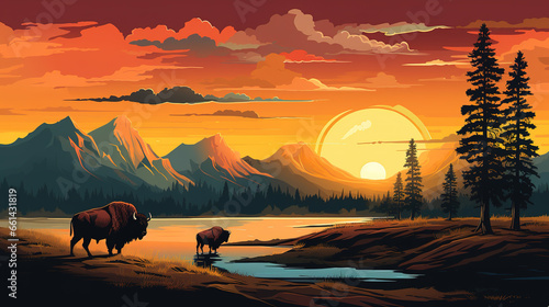 Scenic view of yellowstone national park with bison during sunrise or sunset, in landscape comic style.  photo