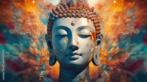 The Buddha's head is full and detailed on a colorful background. digital art collage