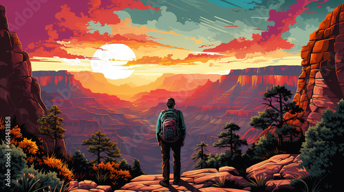 Scenic view of grand canyon national park during sunrise or sunset with a silhouette of trekker or tourist or man, in landscape comic style.  photo