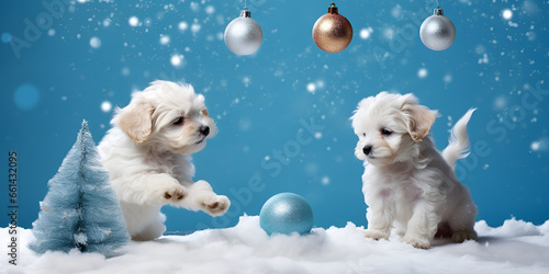  cute, white puppy breed Maltese lapdog   A Studio Session with an Adorable White Maltese Puppy Lapdog Surrounded by Christmas Decorations generative AI photo