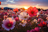 Pink cosmos flowers blooming at golden hour with sunlight filtering through.