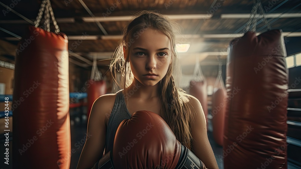 Young woman in boxing gloves near an old punching bag, martial arts concept