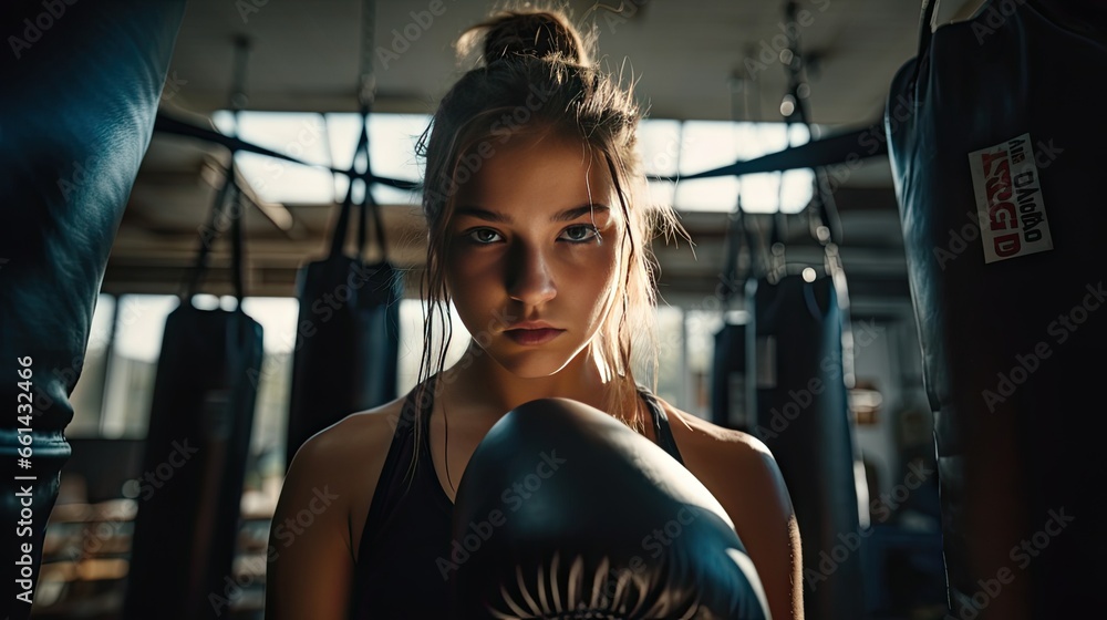 Young woman in boxing gloves near an old punching bag, martial arts concept - obrazy, fototapety, plakaty 