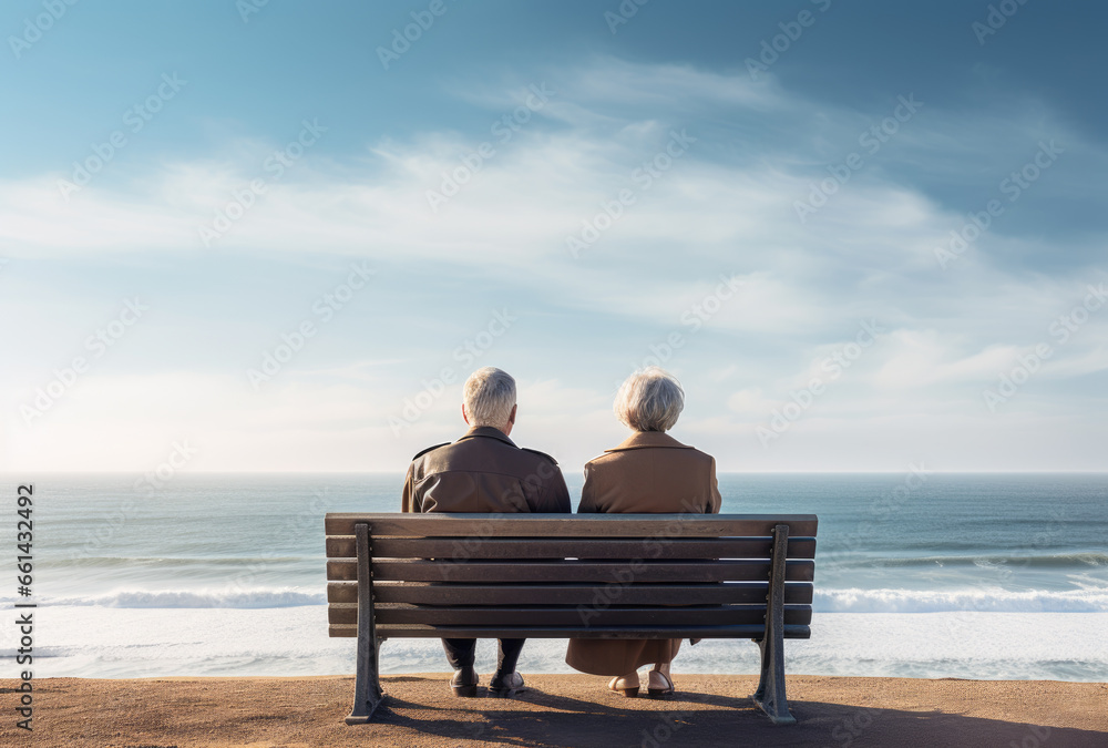Senior couple sits on a bench and looks at the sea