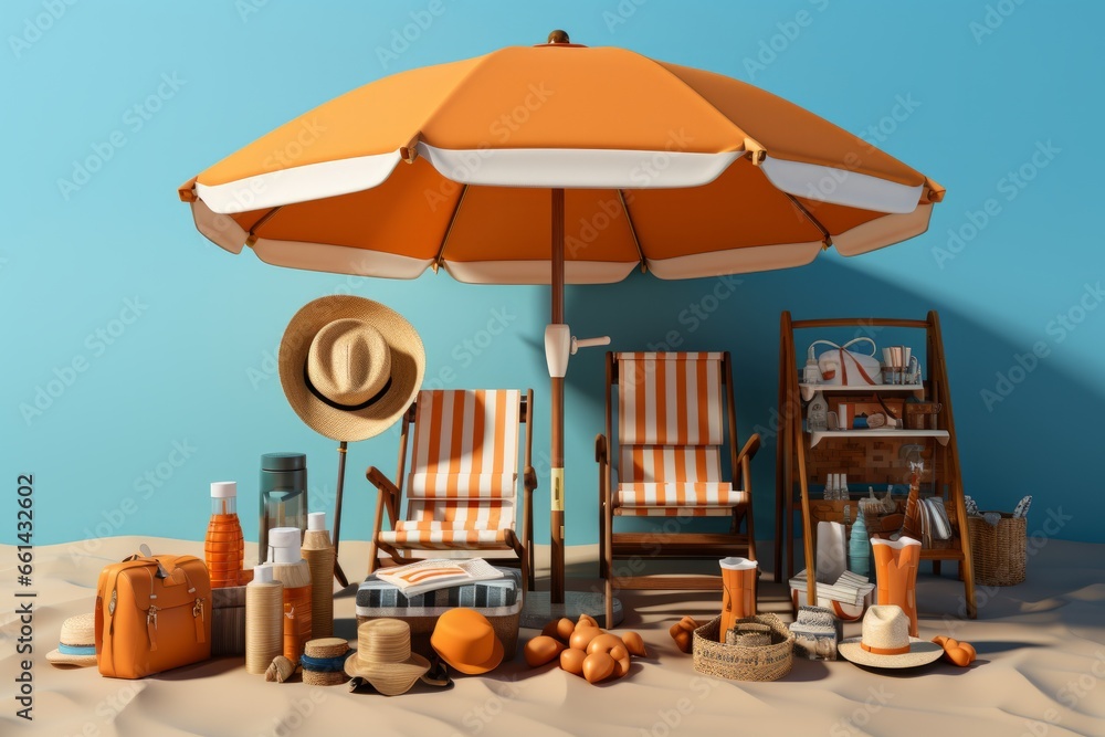 A beach umbrella with a family's beach essentials, including swim fins, beach toys, and beach towels, Generative AI