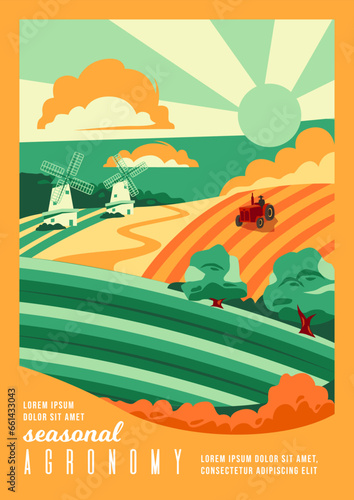 Farming, Agriculture and nature concept. Landscape with agricultural fields and forest and mills. Tractor plowing the field. Vector illustration for poster, background or book cover