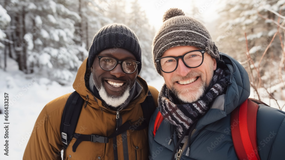 copy space, stockphoto, Active middle aged interracial gay couple hiking outdoors, winter season. Black man and Caucasian man, gay couple. Healthy lifestyle, hiking during autumn season in the forest.