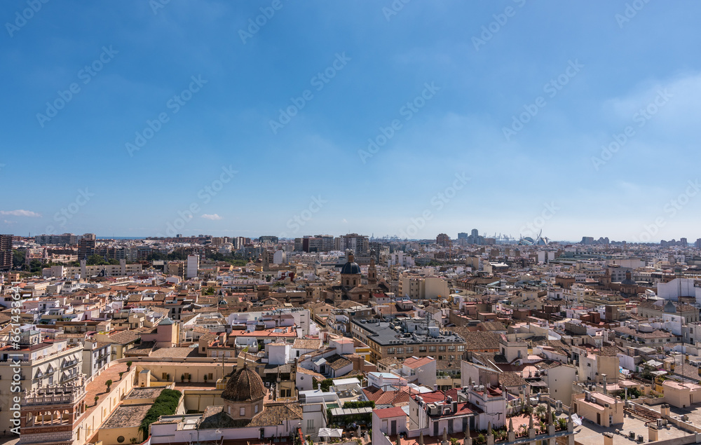 The view over the city of Valencia from the Miguelete: The bell tower called Micalet. 360 degree view of the city. You can enjoy a panoramic view by climbing 207 steps.