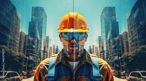 Double Exposure combines the city with the nuances of a civil engineer's portrait wearing a hard plastic helmet