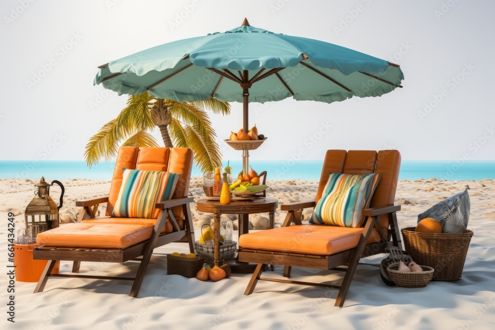 A tropical beach scene with a beach umbrella, beach chairs, and a cooler filled with drinks, Generative AI