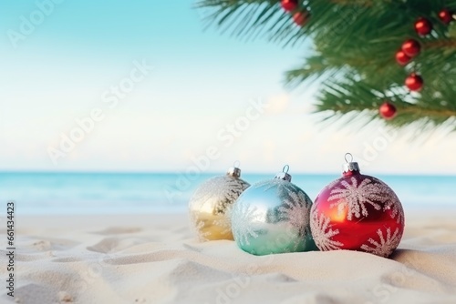 Christmas tree balls decorations on the sand